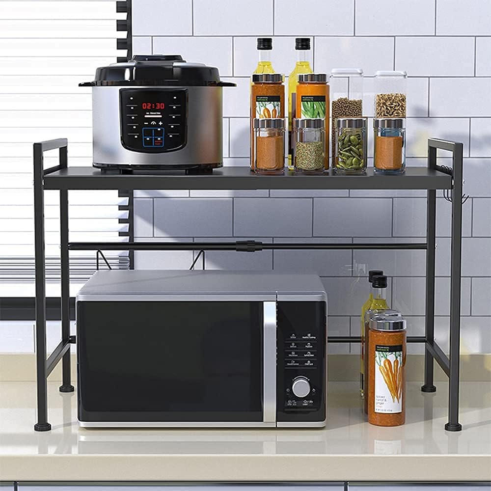 Peniogar Microwave Shelf 2 Tier Expandable and Height Adjustable Microwave Oven Rack Oven Countertop Stand Kitchen Counter Shelf with 3 Hooks Black