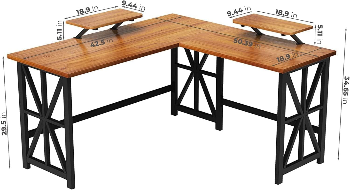 GreenForest L Shaped Desk with 2 Monitor Stand, 50.4 inch Reversible Corner Computer Desk for Home Office Study Gaming Workstation Crafting Table for Small Spaces, Easy Assembly, Walnut