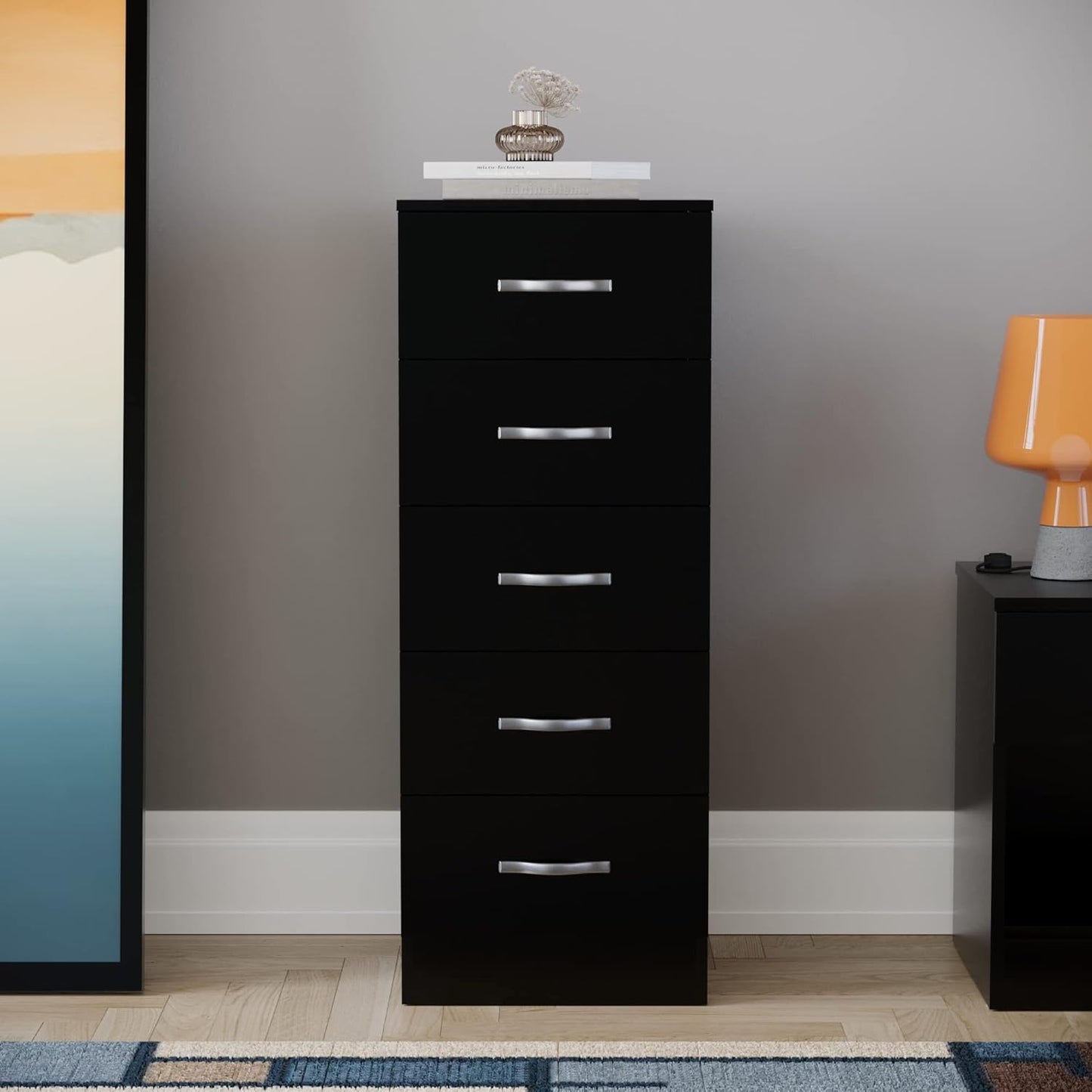 Vida Designs 5 Drawer Narrow Chest Tall Bedroom Storage Unit Sliding Drawers Bedroom Furniture (Black)