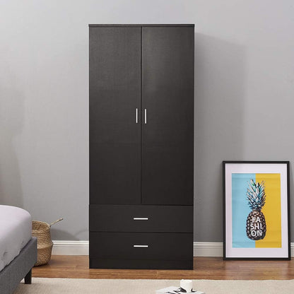 2 Door Combination Wardrobe Tall Big Wooden Wardrobe With 2 Big Drawers Bedroom Storage Units With Hanging Bar Clothes (Black)