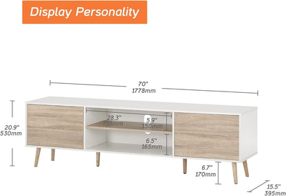 WAMPAT Mid-Century Modern TV Stand for TVs up to 75 inch Flat Screen Wood TV Console Media Cabinet with Storage Shelf, Home Entertainment Center with Doors in White&Oak for Living Room Bedroom, 70"