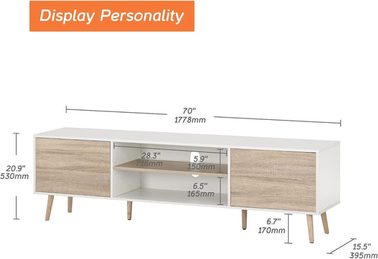 WAMPAT Mid-Century Modern TV Stand for TVs up to 75 inch Flat Screen Wood TV Console Media Cabinet with Storage Shelf, Home Entertainment Center with Doors in White&Oak for Living Room Bedroom, 70"