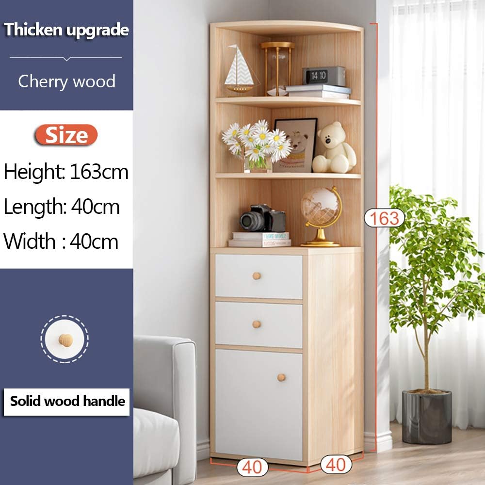 Corner Storage Cabinet, Free Standing Pantry Cabinet with 2 Drawer Cabinet and 3 Shelves, Home Office Furniture Bookcase, Side Cabinet, Cupboard, Wood Cube Organizer (G153-Cherry L)