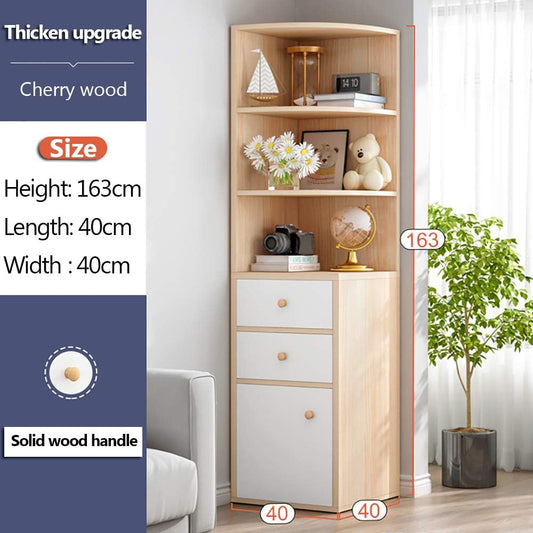 Corner Storage Cabinet, Free Standing Pantry Cabinet with 2 Drawer Cabinet and 3 Shelves, Home Office Furniture Bookcase, Side Cabinet, Cupboard, Wood Cube Organizer (G153-Cherry L)