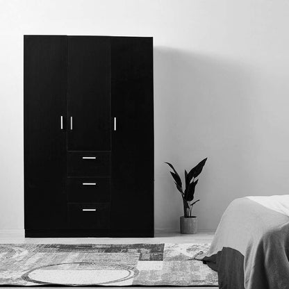 Panana Modern 3 Doors 3 Drawers Wardrobes with Hanging Rail Large Triple Clothes Storage Cupboard Unit for Home Bedroom, Black