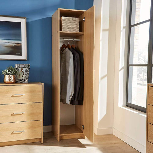 Home Source Stratford Single Door Narrow Wardrobe with Clothes Hanging Rail Storage Shelf Organiser Furniture, Oak, Bedroom Unit