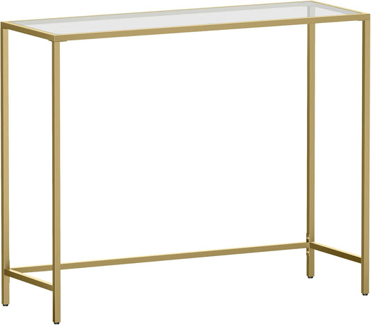 VASAGLE Console Table, Tempered Glass Table, Modern Sofa or Entryway Table, Metal Frame, Sturdy, Adjustable Feet, for Living Room, Hallway, Golden LGT26G