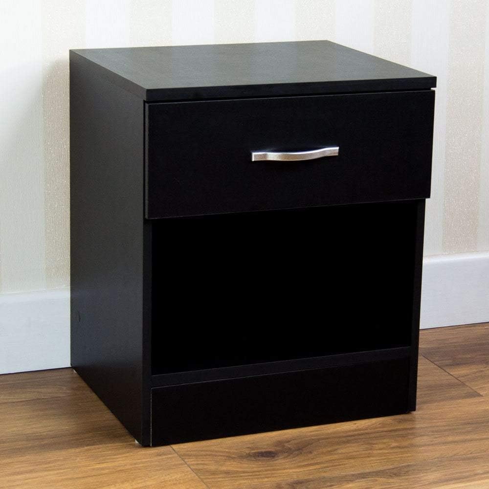Vida Designs Black Bedside Cabinet, 1 Drawer With Metal Handles and Runners, Unique Anti-Bowing Drawer Support, Riano Bedroom Furniture