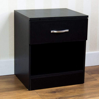 Vida Designs Black Bedside Cabinet, 1 Drawer With Metal Handles and Runners, Unique Anti-Bowing Drawer Support, Riano Bedroom Furniture
