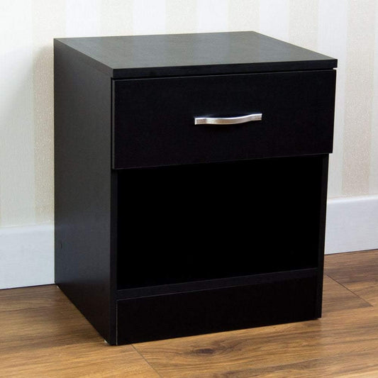 Vida Designs Black Bedside Cabinet, 1 Drawer With Metal Handles and Runners, Unique Anti-Bowing Drawer Support, Riano Bedroom Furniture