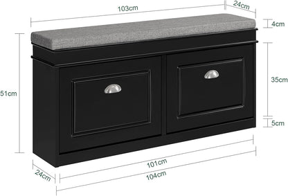 SoBuy FSR64-SCH Shoe Tipper Storage Bench with Seat Cushion with 2 Flaps Black W x H x D x H x D: 104 x 52 x 24 cm
