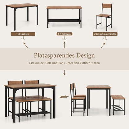 RELAX4LIFE Dining Table Set 4-Piece Dining Room Table with 2 Chairs & Bench, Seating Set with Storage Shelf, Bar Table with Metal Frame, Industrial Design, Dining Room Set for Kitchen, Dining Room
