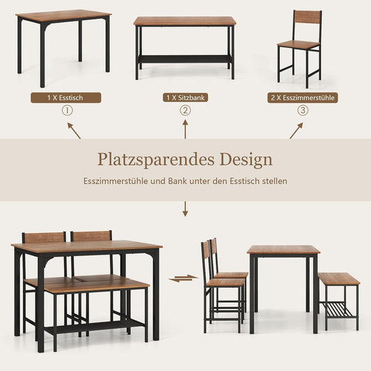 RELAX4LIFE Dining Table Set 4-Piece Dining Room Table with 2 Chairs & Bench, Seating Set with Storage Shelf, Bar Table with Metal Frame, Industrial Design, Dining Room Set for Kitchen, Dining Room