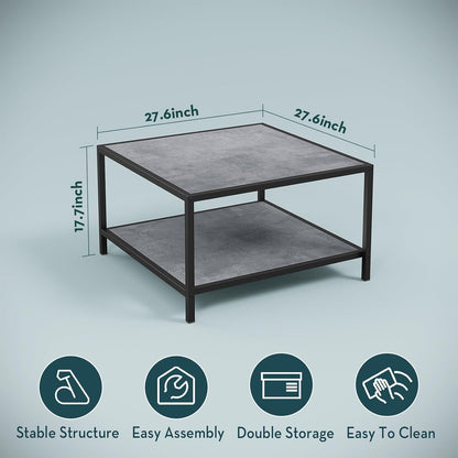 SAYGOER Coffee Table for Living Room, Square Modern Coffee Tables with Storage, 2 Tier Small Farmhouse Center Table for Office Apartment Home, Gray Wood Tabletop, Easy Assembly