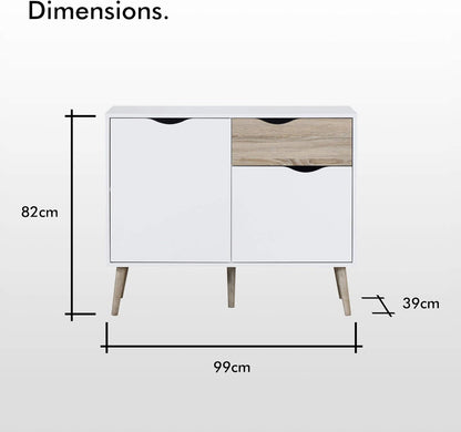 VonHaus Sideboard White & Oak Effect - Small Compact Sideboard Cabinet with 3 Storage Drawers & Cupboards – Nordic Scandi Style Furniture with Tapered Legs - Living Room, Lounge, Home Office & Hallway
