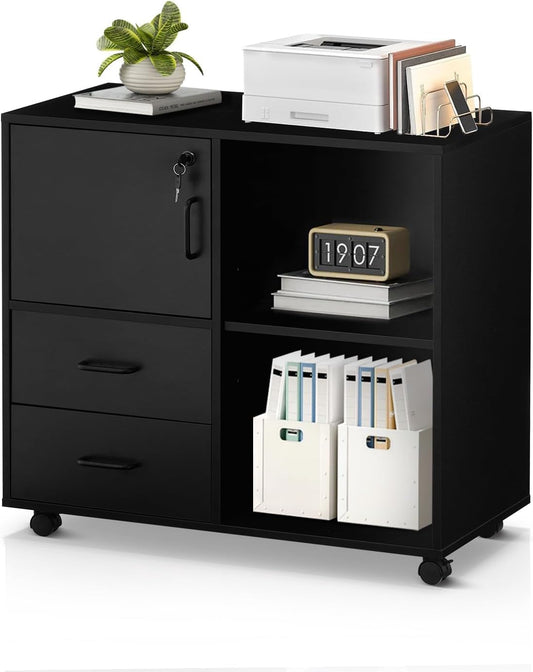 CLIPOP Rolling Container Lockable with Drawer and Closed Storage, Mobile Filing Cabinet Wood Under Desk Cabinet, 40 x 40 x 54.5 cm, Black