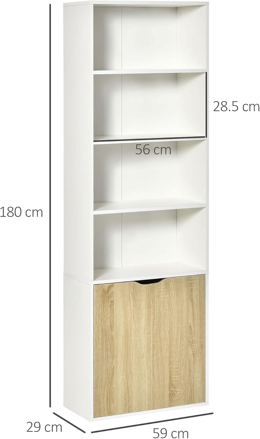 HOMCOM 2 Door 4 Shelves Tall Bookcase Modern Storage Cupboard Display Unit for Living Room Study Bedroom Home Office Furniture White and Oak