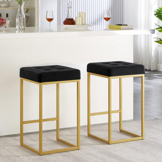 24KF Contemporary 26" H Counter Height Stool with Tufted Seat, Velvet Padded Barstool with Durable Golden Met Balase,Set of 2,5066-Black