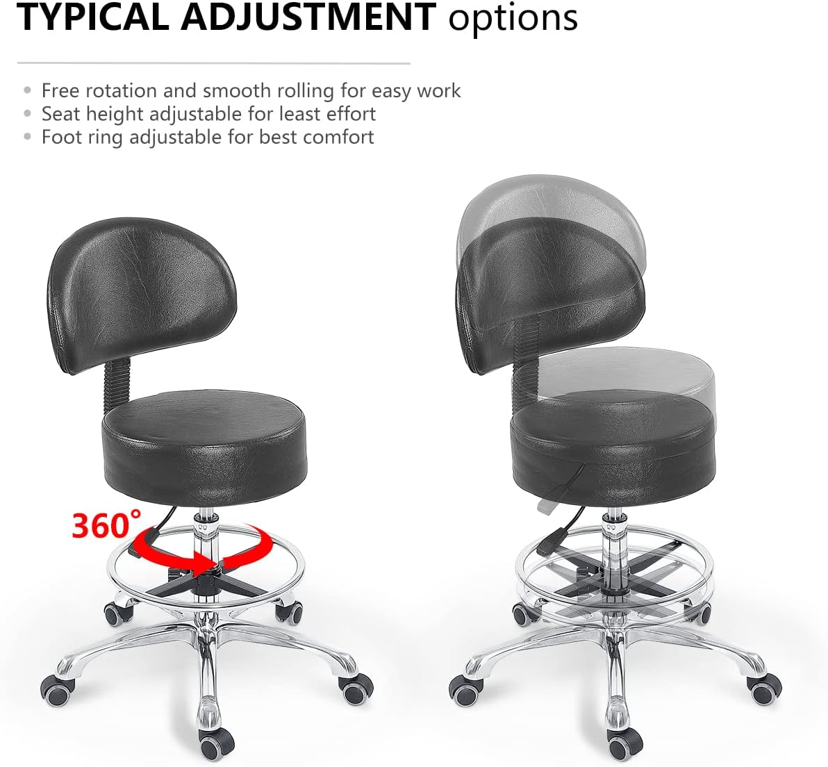 Grace&Grace Height Adjustable Swivel Rolling Stool with Back Extra Thick Seat for Ultimate Comfort for Salon, Studio, Shop, Kitchen (Black,with foot rest)