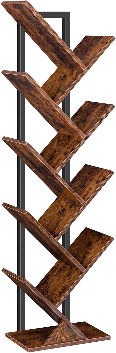 HOOBRO Tree Bookshelf Tall, 9-Tier Floor Standing Book Shelf, Tall Bookcase with Wooden Shelves for CDs Albums, Metal Frame, for Living Room, Kitchen, Home Office, Industrial, Rustic Brown EBF08SJ01