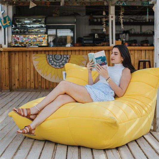 Ariika Mellow Couch Yellow Outdoor 130W x 102L x 80H, crafted to high standards for ultimate comfort, with memory foam and high-density sponge cushion seating.