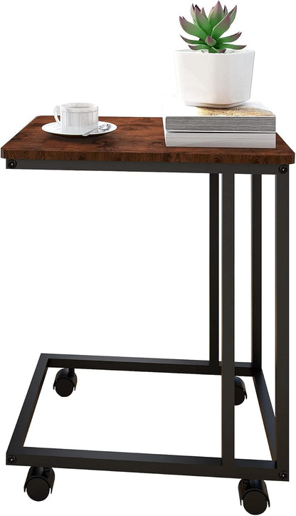 HAHRIR Coffee Table,Sofa Side Table with Wheels,C Shaped Snack Table Wood Finish Metal Construction ?Black+Brown?