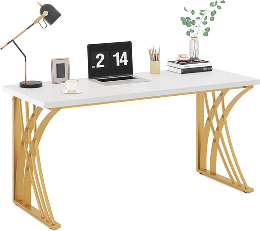 Tribesigns 55’’ Large Modern Computer Desk, White & Gold Luxury Laptop PC Student Table, Makeup Vanity Table with Thick Frame & Strong Legs, Sturdy Writing Workstation for Home & Office