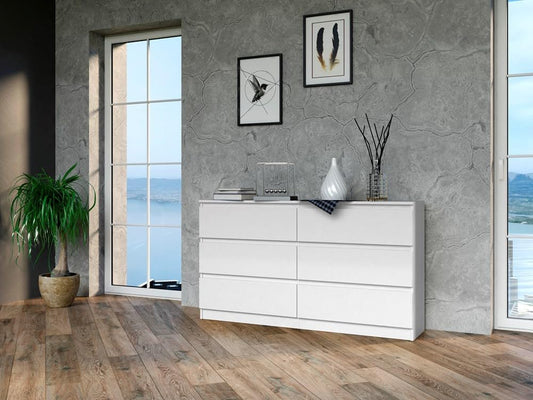 VBChome Chest of Drawers with 6 Drawers, 140 x 40 x 77 cm, White, Handle-Free Drawer Chest of Drawers, Multi-Purpose Cabinet for Hallway, Bedroom, Living Room, Children's Room, Modern White