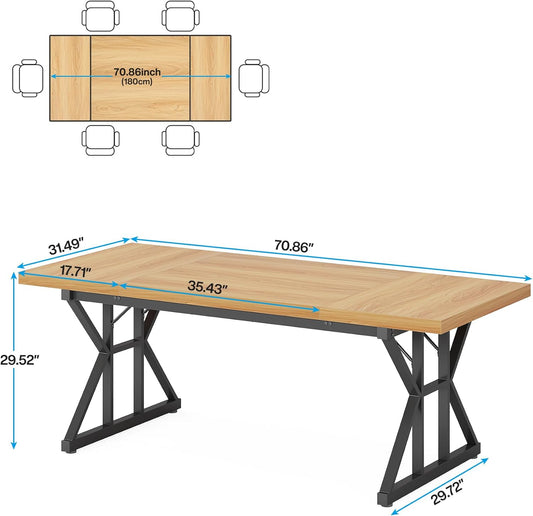 Tribesigns Farmhouse Dining Table for 6 People, 70.8-Inch Rectangular Wood Dining Table, Rustic Kitchen Table with Heavy Duty Metal Legs for Dining Room