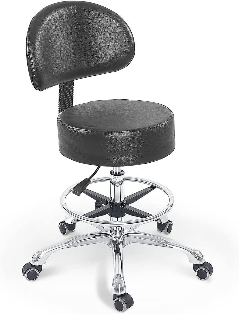 Grace&Grace Height Adjustable Swivel Rolling Stool with Back Extra Thick Seat for Ultimate Comfort for Salon, Studio, Shop, Kitchen (Black,with foot rest)