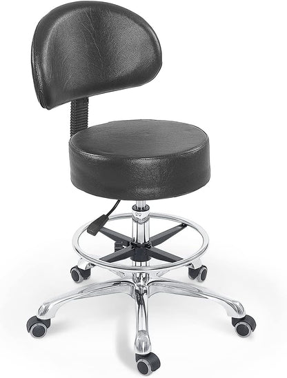 Grace&Grace Height Adjustable Swivel Rolling Stool with Back Extra Thick Seat for Ultimate Comfort for Salon, Studio, Shop, Kitchen (Black,with foot rest)
