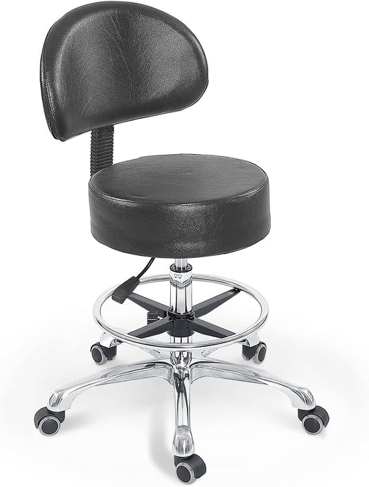 Grace&Grace Height Adjustable Swivel Rolling Stool with Back Extra Thick Seat for Ultimate Comfort for Salon, Studio, Shop, Kitchen (Black,with foot rest)