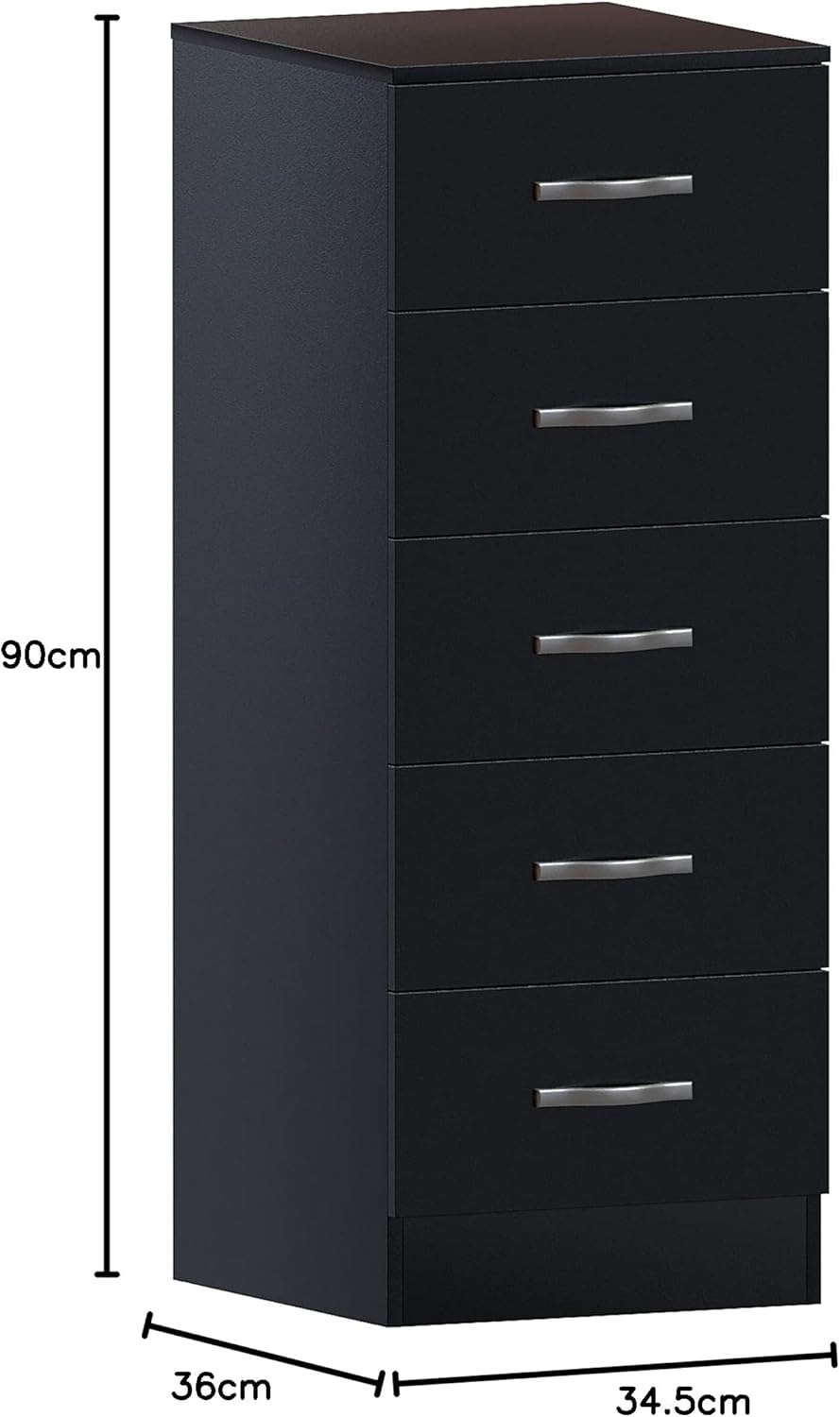 Vida Designs 5 Drawer Narrow Chest Tall Bedroom Storage Unit Sliding Drawers Bedroom Furniture (Black)