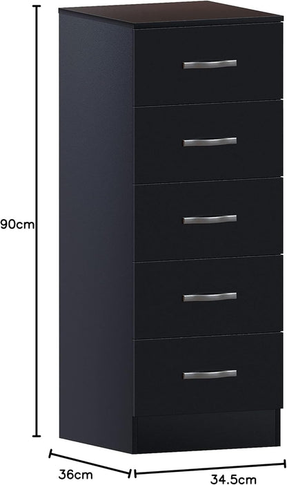 Vida Designs 5 Drawer Narrow Chest Tall Bedroom Storage Unit Sliding Drawers Bedroom Furniture (Black)