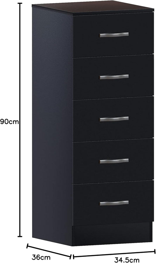 Vida Designs 5 Drawer Narrow Chest Tall Bedroom Storage Unit Sliding Drawers Bedroom Furniture (Black)