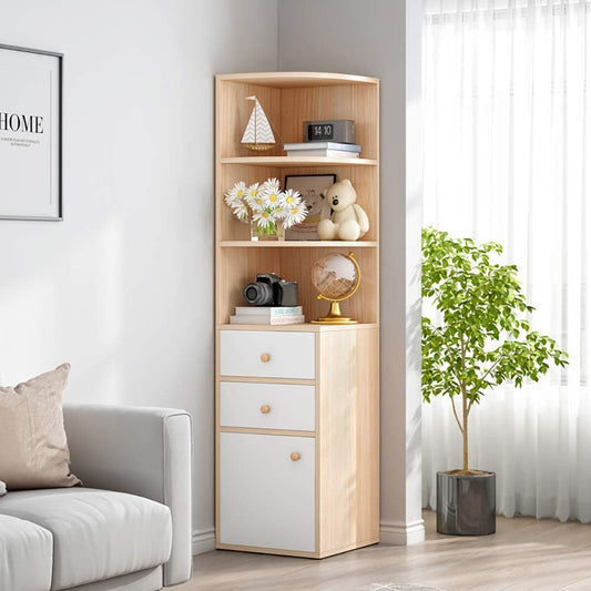 Corner Storage Cabinet, Free Standing Pantry Cabinet with 2 Drawer Cabinet and 3 Shelves, Home Office Furniture Bookcase, Side Cabinet, Cupboard, Wood Cube Organizer (G153-Cherry L)