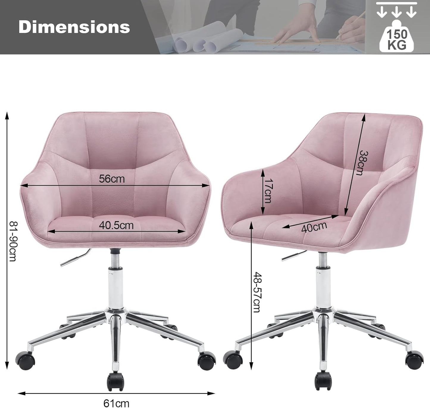 WOLTU Modern Pink Velvet Office Chair, Swivel & Roll, Height Adjustable, Up to 150 kg, with Armrests, for Office, Living Room, Bedroom