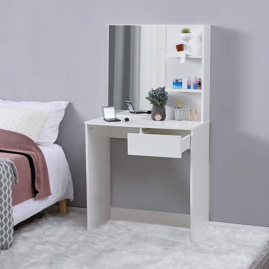 Panana Dressing Table White with a Large Mirror, Makeup Vanity Bedroom Dresser Set with 1 Drawers & 3 Shelves for Ample Storage (Style1)