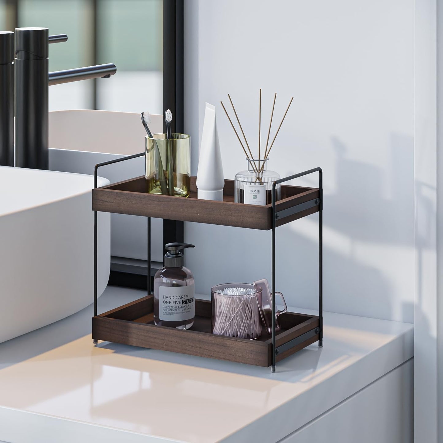 Standregal, Abnehmbar Badezimmer Arbeitsplatte mit 2 Etagen Moderne Unterschrankregal Praktischer KÃ¼chen GewÃ¼rzregal aus Holz fÃ¼r aufbewahrung Organizer Vanity Tray Kosmetik Make-up Lagerung