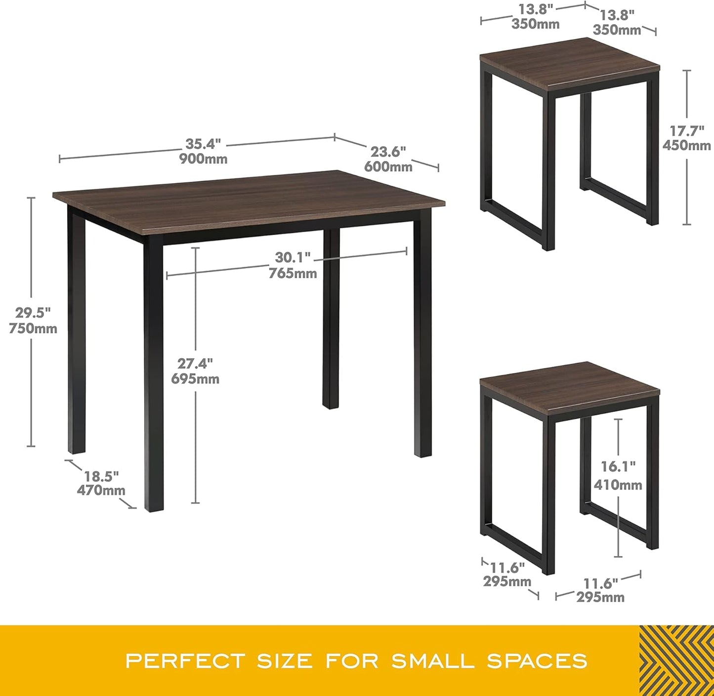 HOMOOI HOMURY 3 Piece Dining Table Set with Two Stools, Compact Kitchen Table for Kitchen, Dining Room, Dinette, Breakfast Nook, Dark Wood