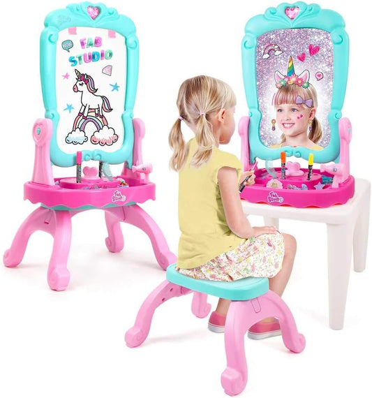 Crayola FAB STUDIO Kids Table and Chair Set – 3-in-1 Kids Vanity Table with Magnetic Dry Erase Board, Mirror – Girls Vanity Includes Accessories Ideal for Role Playing, Imaginative Play