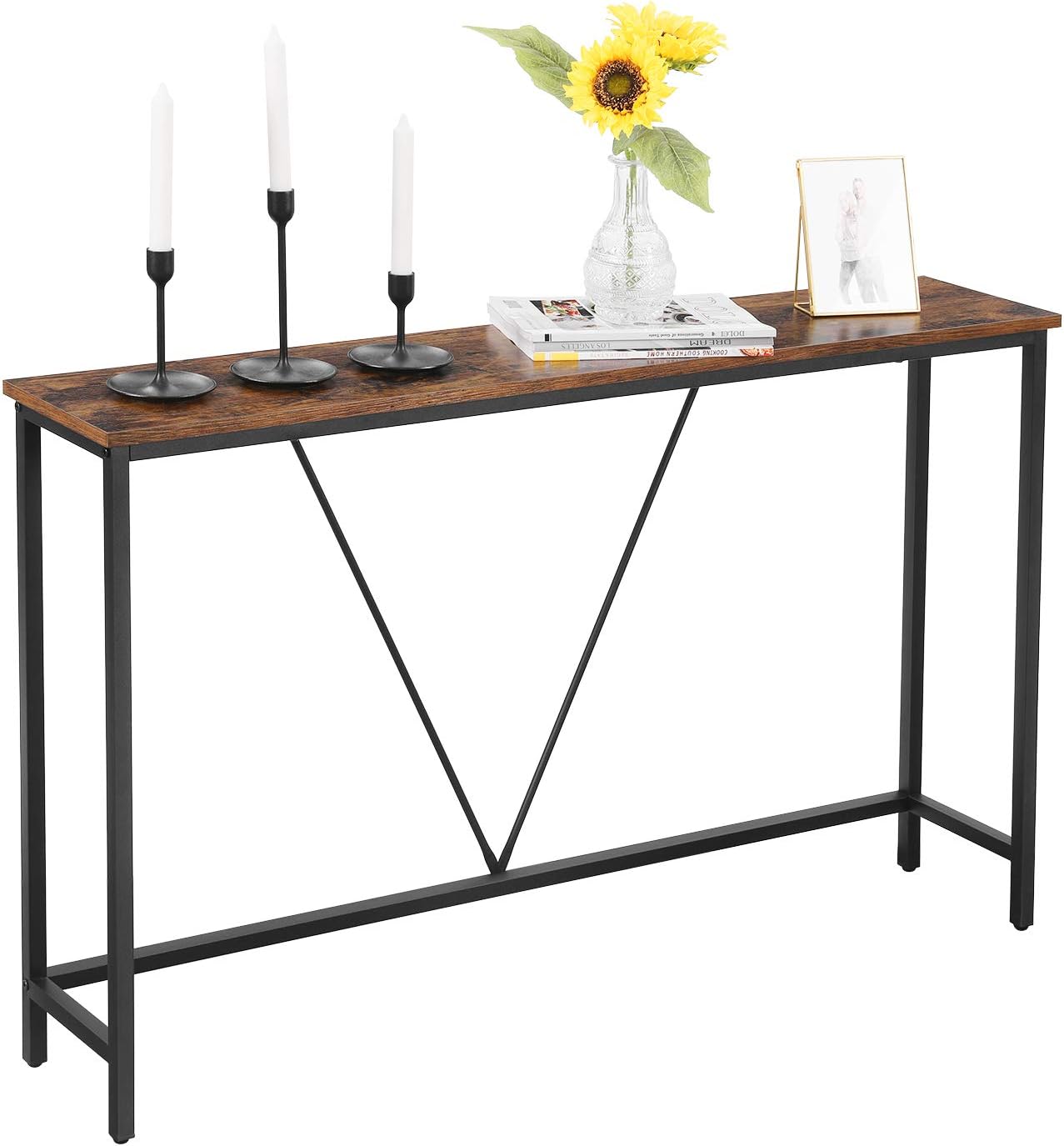 Vasagle Table, Console Table with Sturdy Steel Structure for Entrance Living Room Bedroom Industrial Style Vintage Brown and Black, 120 x 23 x 74 cm (W x D x H)