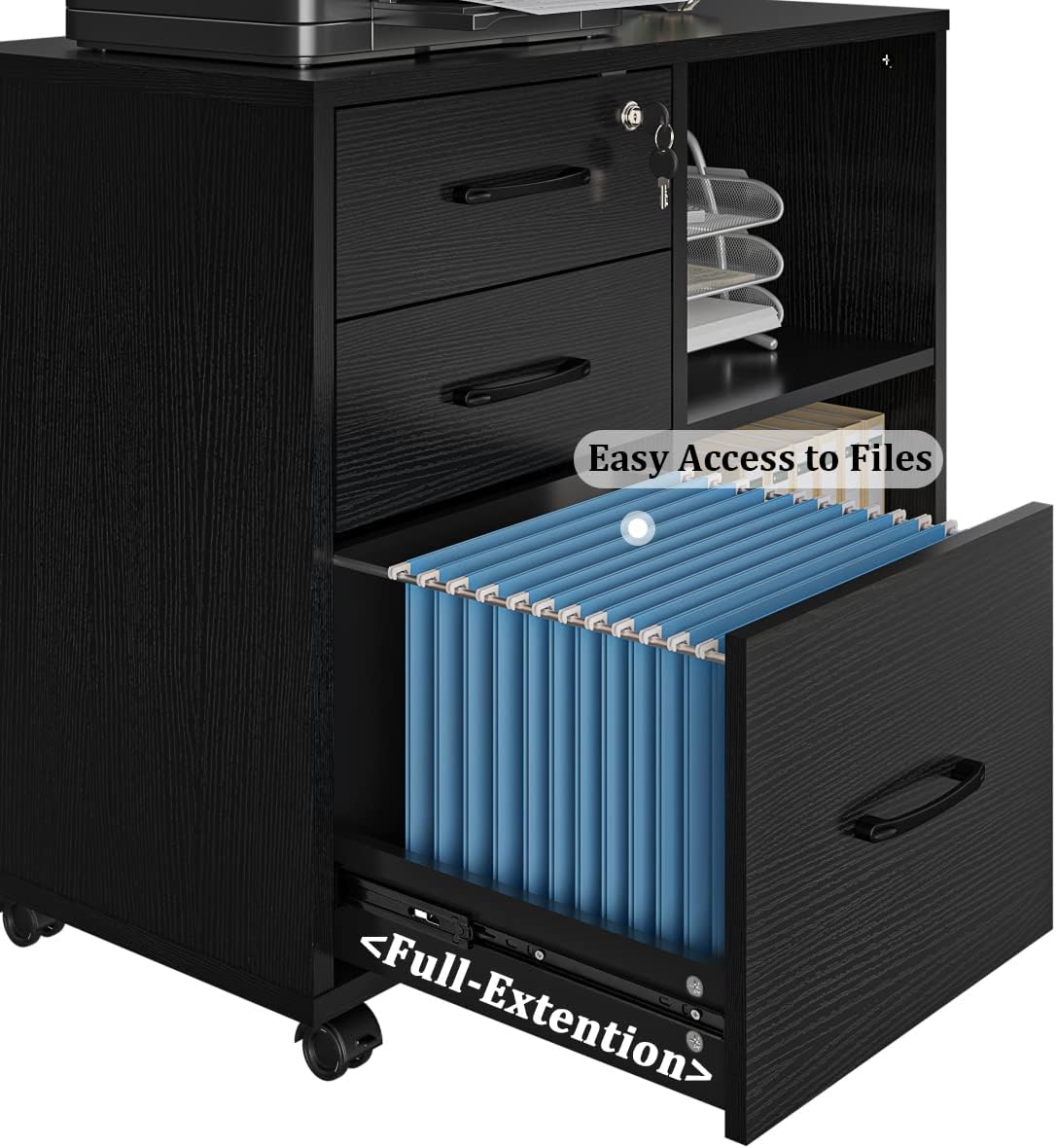 Panana-3 Drawer Office File Cabinets, Mobile Lateral Printer Stand with Open Storage Shelf, Rolling Filing Cabinet with Wheels Home Office Organization and Storage (Black)