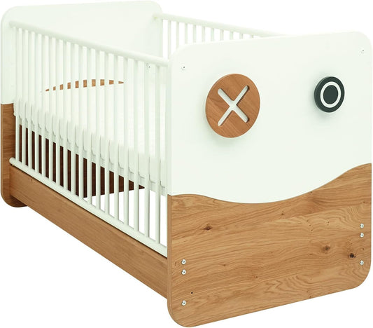 FurniFlex Minimo Baby Cot with Slatted Base + 3-Door Wardrobe with Drawer, Snow White/Natural Oak