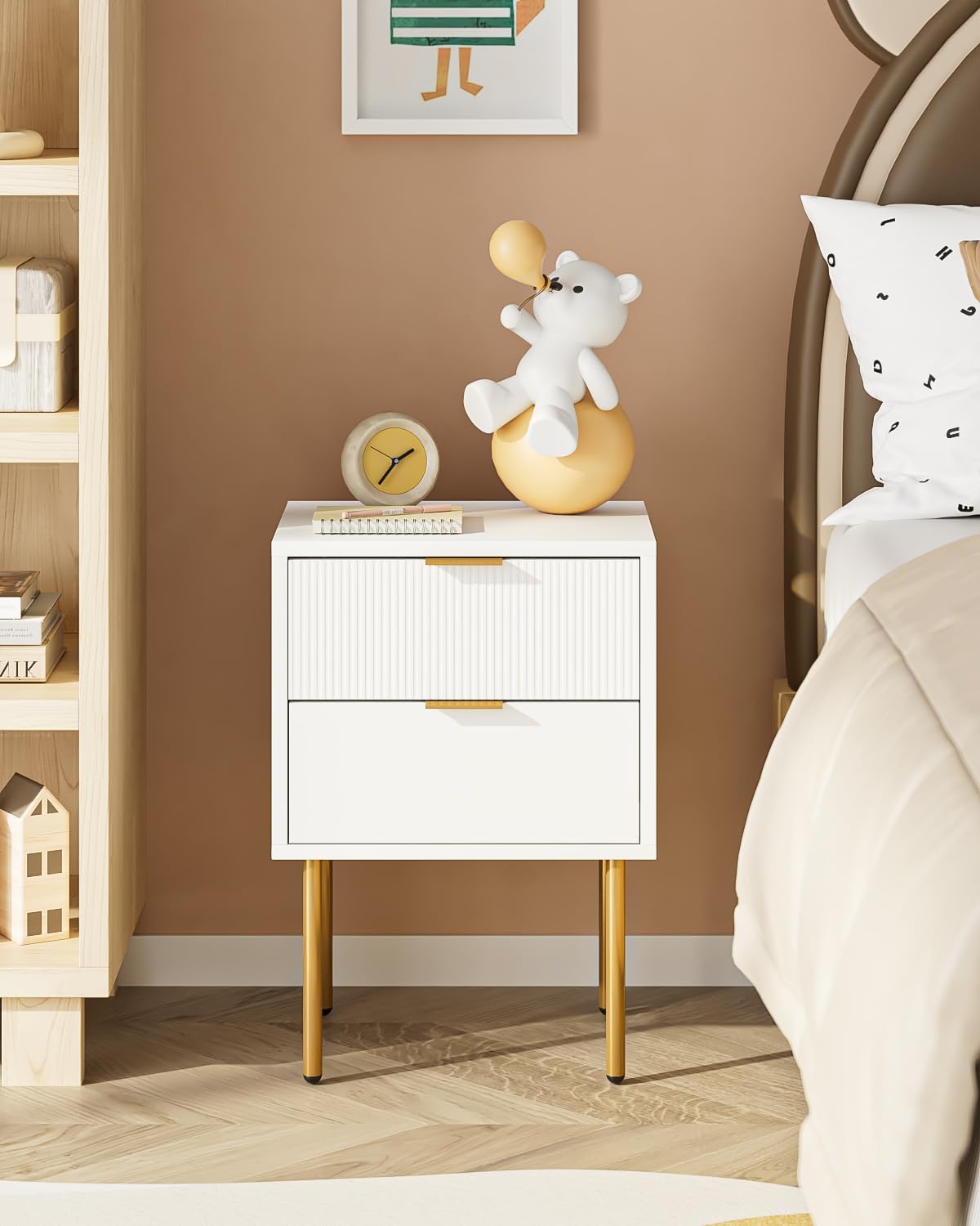 AEPOALUA Nightstand,Small Bedside Table with Gold Frame,White Night Stand,Bedside Furniture,Side Table with Drawer and Shelf for Bedroom,Living Room (Classic, White)