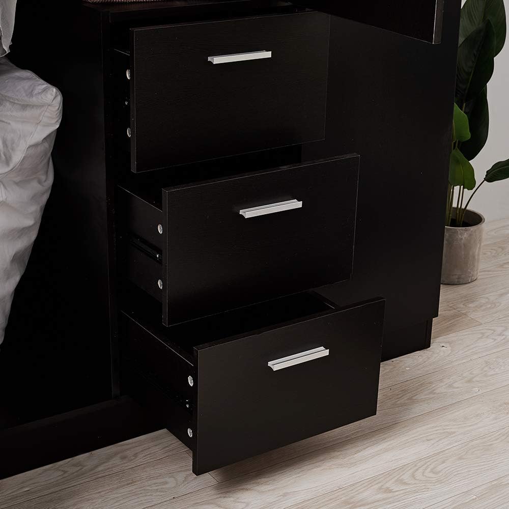 Modern 3 Doors Wardrobes with 3 Drawers and Hanging Rail Large Triple Clothes Storage Closet for Home Bedroom Units (Black)