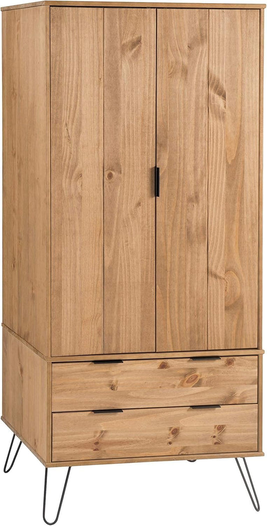 FurniFlex Industrial Solid Wood Hanging Rail Wardrobe with 2 Door and 2 Drawer