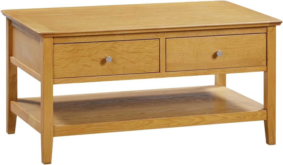Hallowood Furniture Hereford Oak Large Coffee Table with Drawers & Shelf - Solid Wooden Side Table in Rectangular Shape for Living Room – Coffee Table with Storage in Light Oak Finish