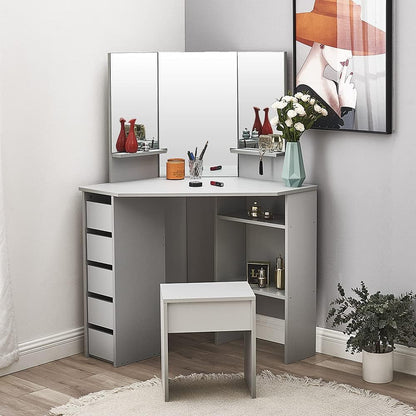 Panana Dressing Table MDF Corner Makeup Table with 3 Mirrors, 5 Drawers, 1 Compatiment and Bedroom Stool, 109 cm (L) x 55 cm (W) x 140 cm (H) (Grey)