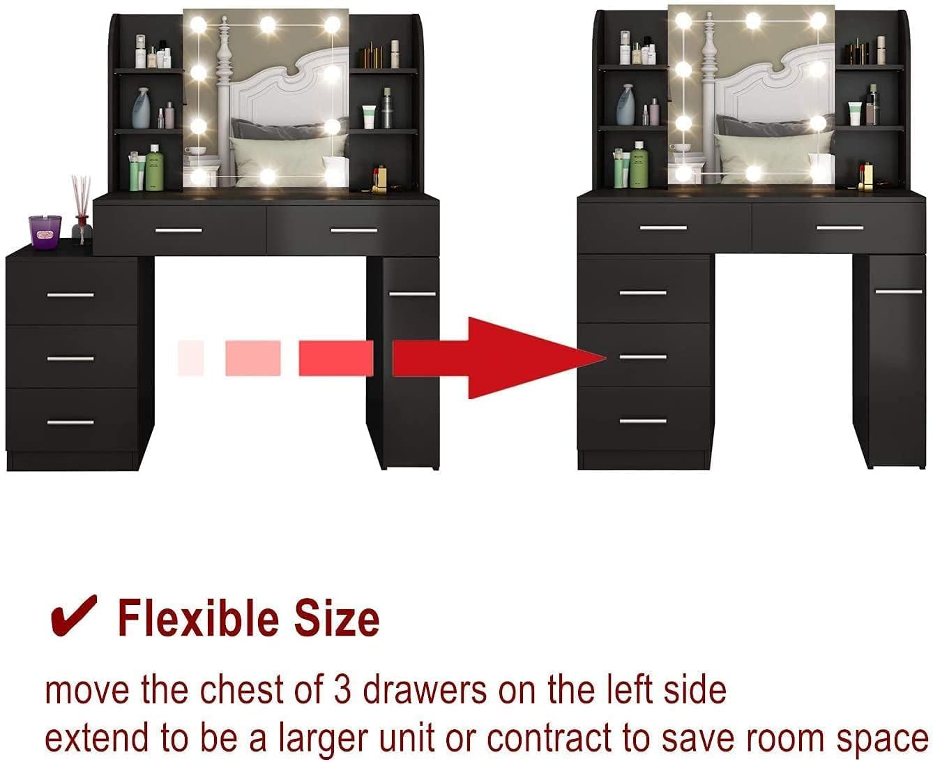 FurniFlex Dressing Table Set/Makeup Table Set with LED Lights, Mirror, 5 Drawers, Black